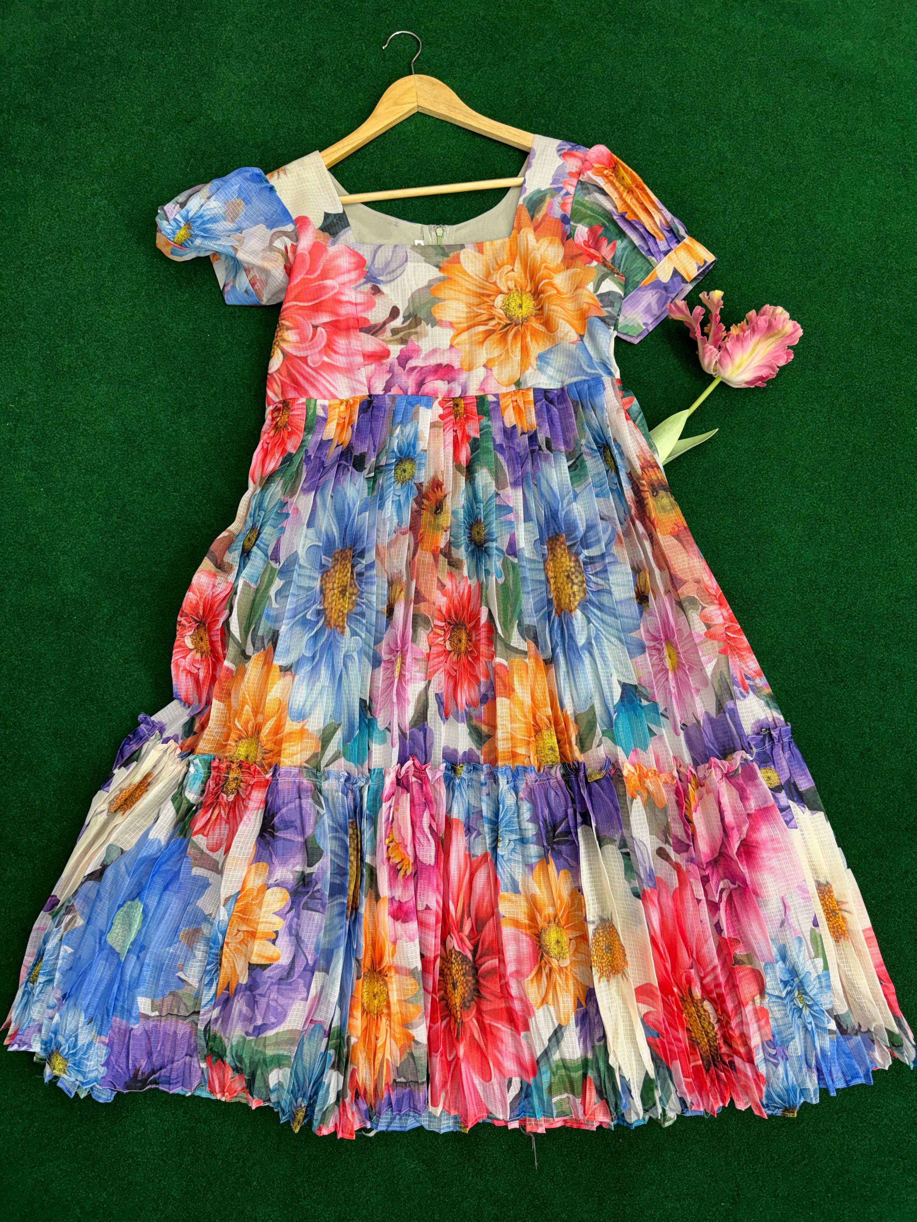 Premium Kota floral frock with iron frills and cotton silk lining