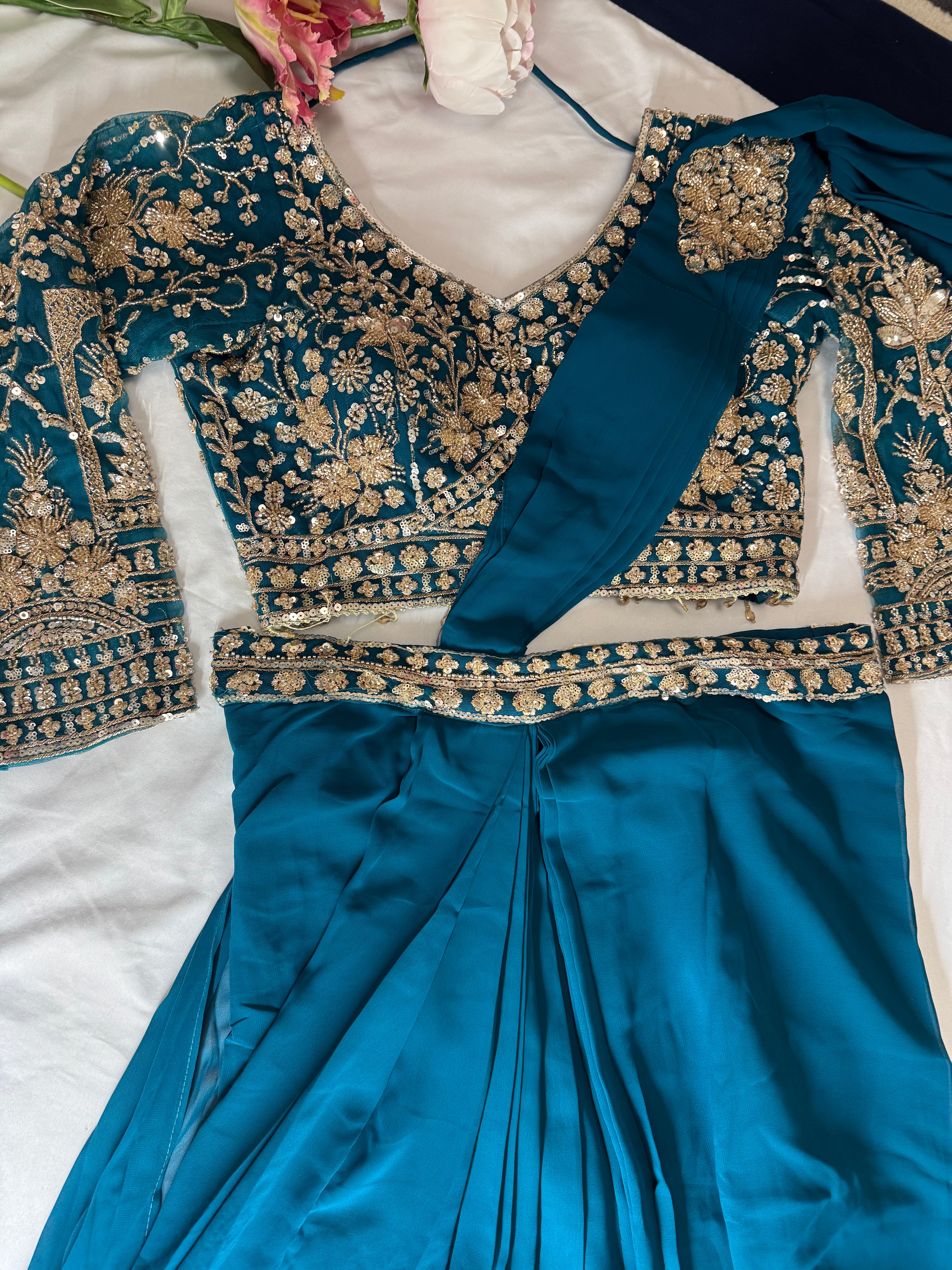 Indo-Western Style One Minute Saree with 3/4 long sleeve blouse