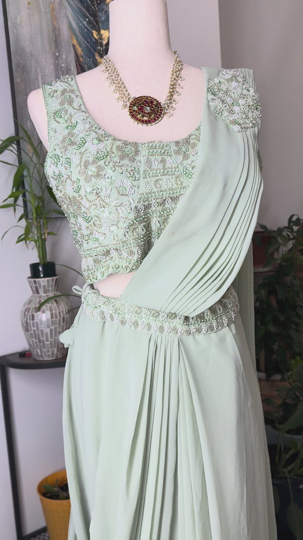 Indo-Western Style One Minute Saree with sleeve less blouse, unattached sleeves available