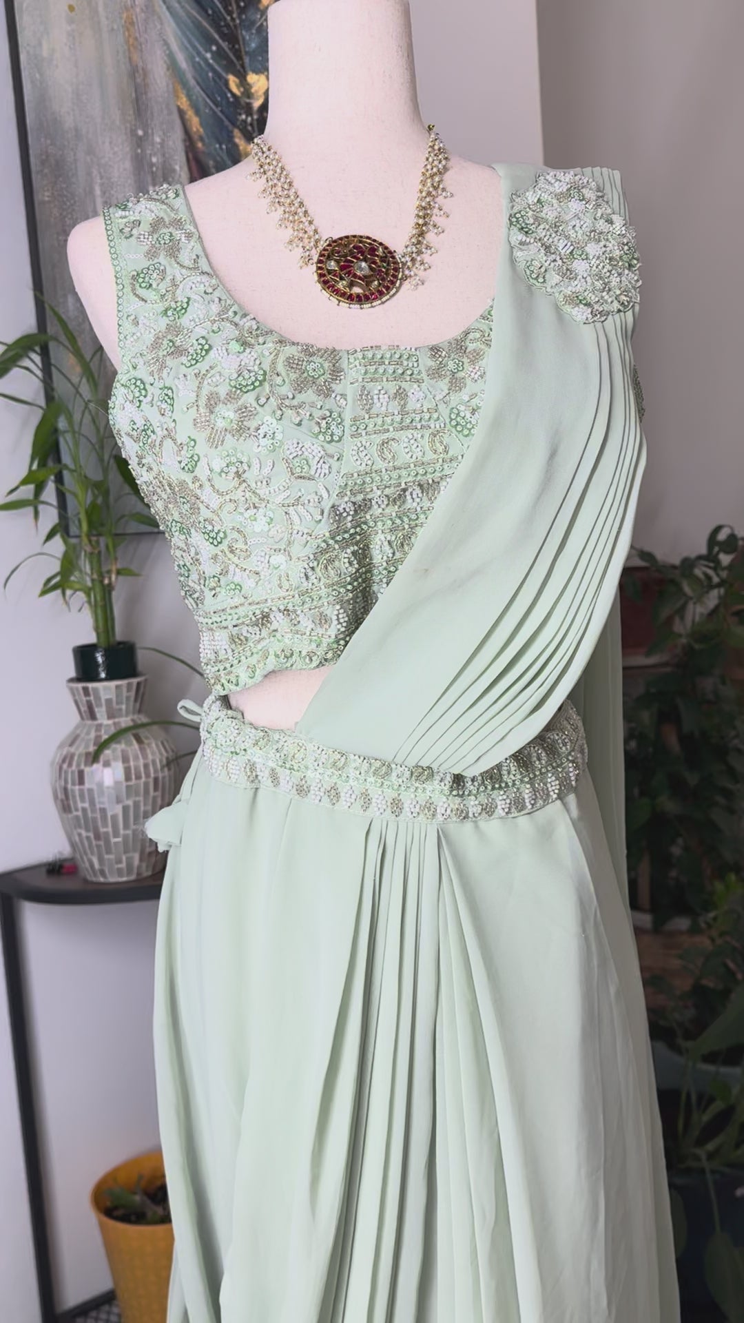 Indo-Western Style One Minute Saree with sleeve less blouse, unattached sleeves available